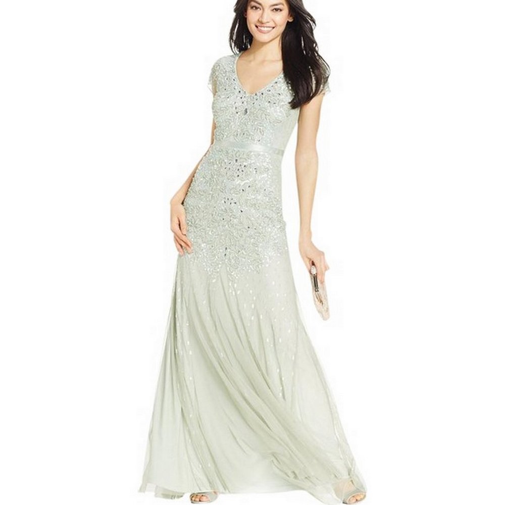 Adrianna Papell Women's  Cap Sleeve V-Neck Fully Beaded Gown Mint 6